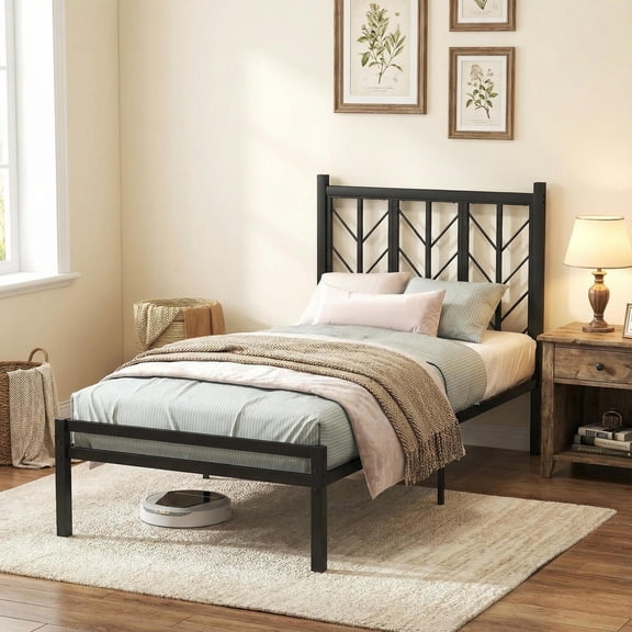 Yardi Yard Twin Size Platform Bed with Headboard and Metal Frame-Twin Size, Bed Frame