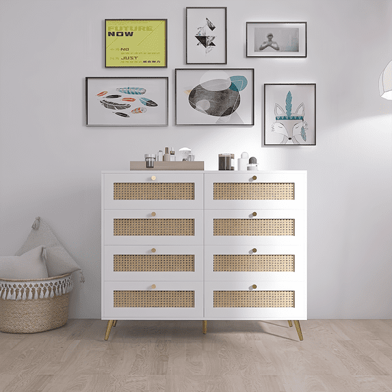Yardi Yard White Rattan Drawer Face Storage Cabinet Dresser, Golden Handles, Mid-Century Chest of Drawers