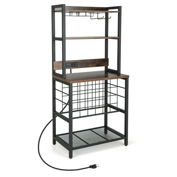 Yardi Yard Wine Bar Cabinet Wine Rack with 4 Tier Storage Shelves and Glass Holders-Brown, Wine Rack, Free Standing Floor, for Kitchen Dining Room