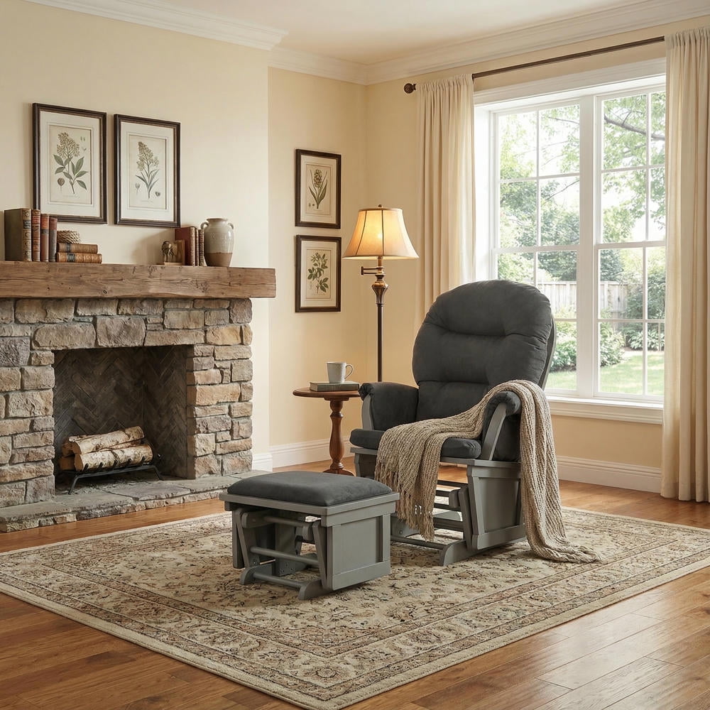 Yardi Yard Wood Baby Glider and Ottoman Cushion Set with Padded Armrests for Nursing-Gray, Recliner Chair, Home Theater Seating Office for Adults