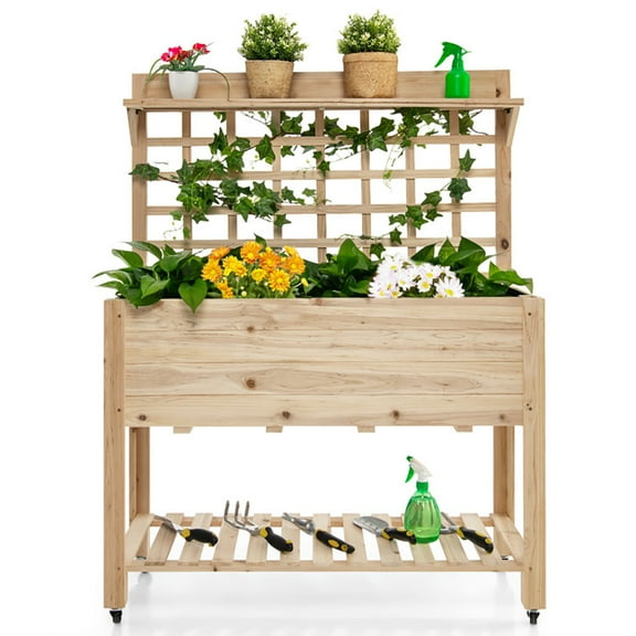 Yardi Yard Wooden Raised Garden Bed with Wheels Trellis and Storage Shelf, Raised Garden Bed for Patio or Yard Gardening