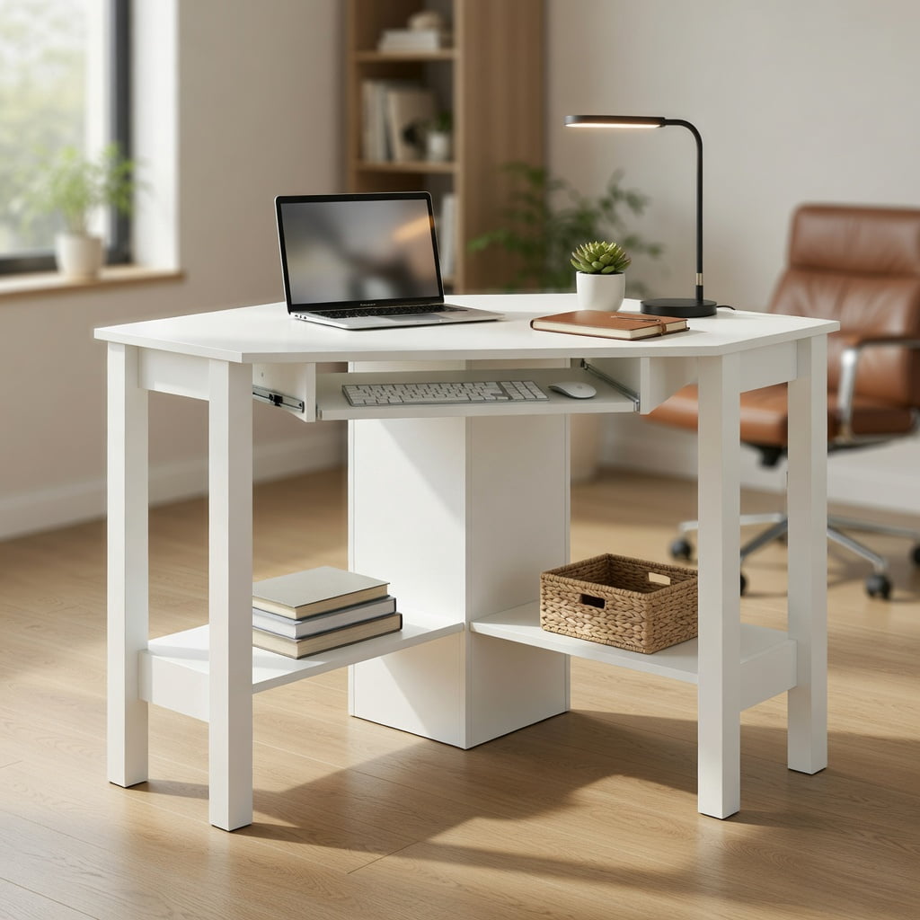Yardi Yard Wooden Study Computer Corner Desk with Drawer-White, Computer Desk, Gaming Computer Desks for Study,Working,Writing