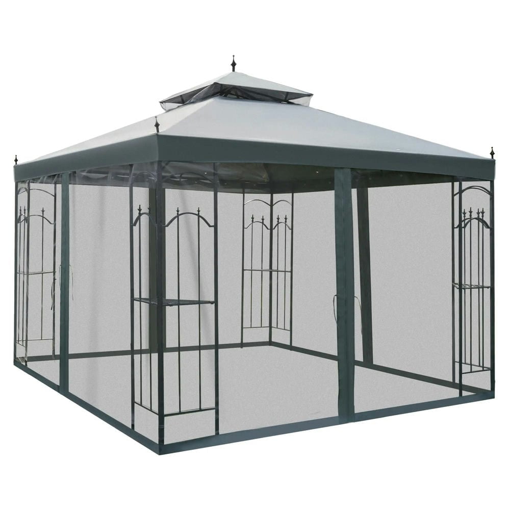 Yardi Yarda 10' x 10' Patio Shade with Corner Frame Shelves, Double Roof Shade Canopy Shelter with Netting for Garden, Deck, Patio, Gray Yardi Yarda 10' x 10' Patio Shade with Corner Frame Shelves, Double Roof Shade Canopy Shelter with Netting for Garden, Deck, Patio, Gray
