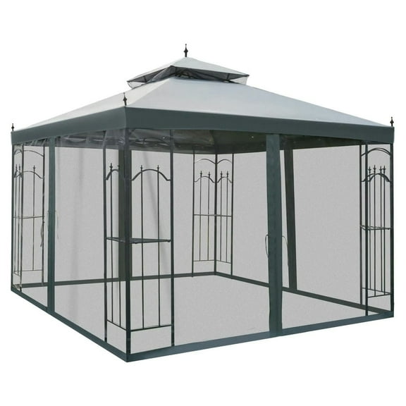 Yardi Yarda 10' x 10' Patio Shade with Corner Frame Shelves, Double Roof Shade Canopy Shelter with Netting for Garden, Deck, Patio, Gray