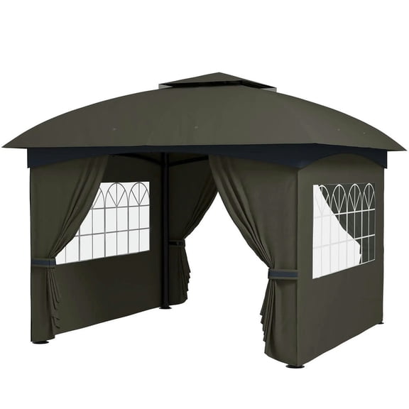 Yardi Yarda 11' x 11' Double Roof Patio Shade with Curtains, Church Windows, Galvanized Steel Frame, Shade for Garden, Deck, Patio, Dark Gray