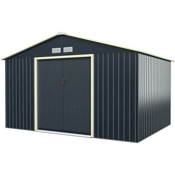 Yardi Yarda 11 x 8 Feet Metal Storage Shed with 2 Lockable Sliding Doors for Tools, Storage Shed with Stable Construction, Gray
