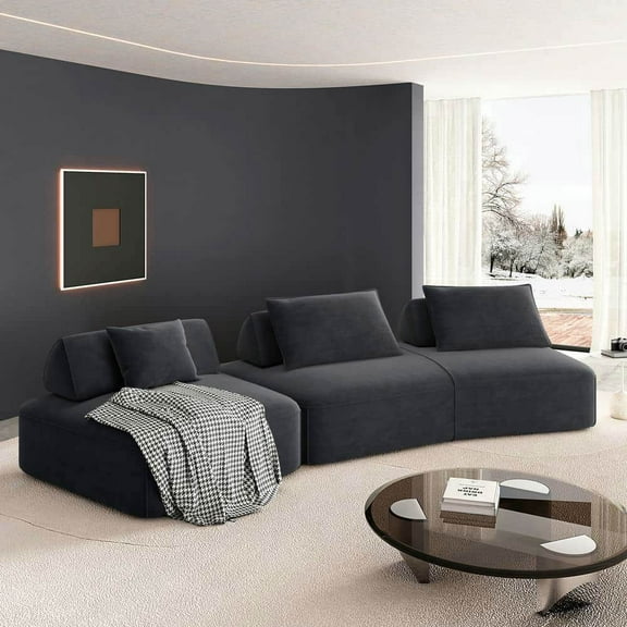Yardi Yarda 139" Modern Light Luxury Oversized Modular Sectional Sofa Set, Upholstered Fluffy Chenille Sofa with Removable Backrests and Soft Pillows, Deep Seat Couch & Sofa Bed for Indoor, Dark Gray