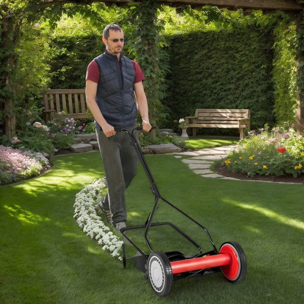 Yardi Yarda 14 Inch Push Lawn Mower with 5 Steel Blades and Grass Catcher Bag, Lawn Mower for Outdoor as Yard, Red