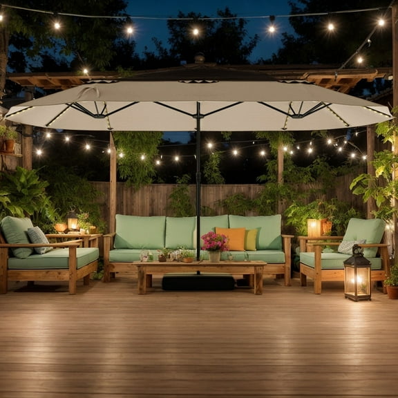 Yardi Yarda 15.5 FT Extra-Large Patio Umbrella, Outdoor Shade with LED Solar Lights and Crank Handle for Garden, Yard, Beige