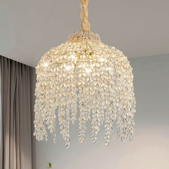 Yardi Yarda 16 Inch 5-Light Crystal Pendant Light Chandelier, Elegant Waterfall Design Chandelier with Grape-Shaped Crystal Bead Strings and Gold Finish for Indoor (Bulb Not Included), Golden