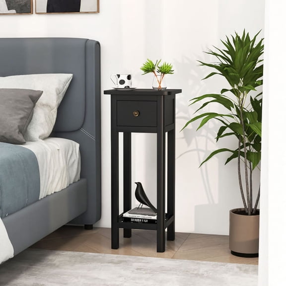 Yardi Yarda 2 Tier Slim Nightstand, Bedside Table with Drawer Shelf, Black