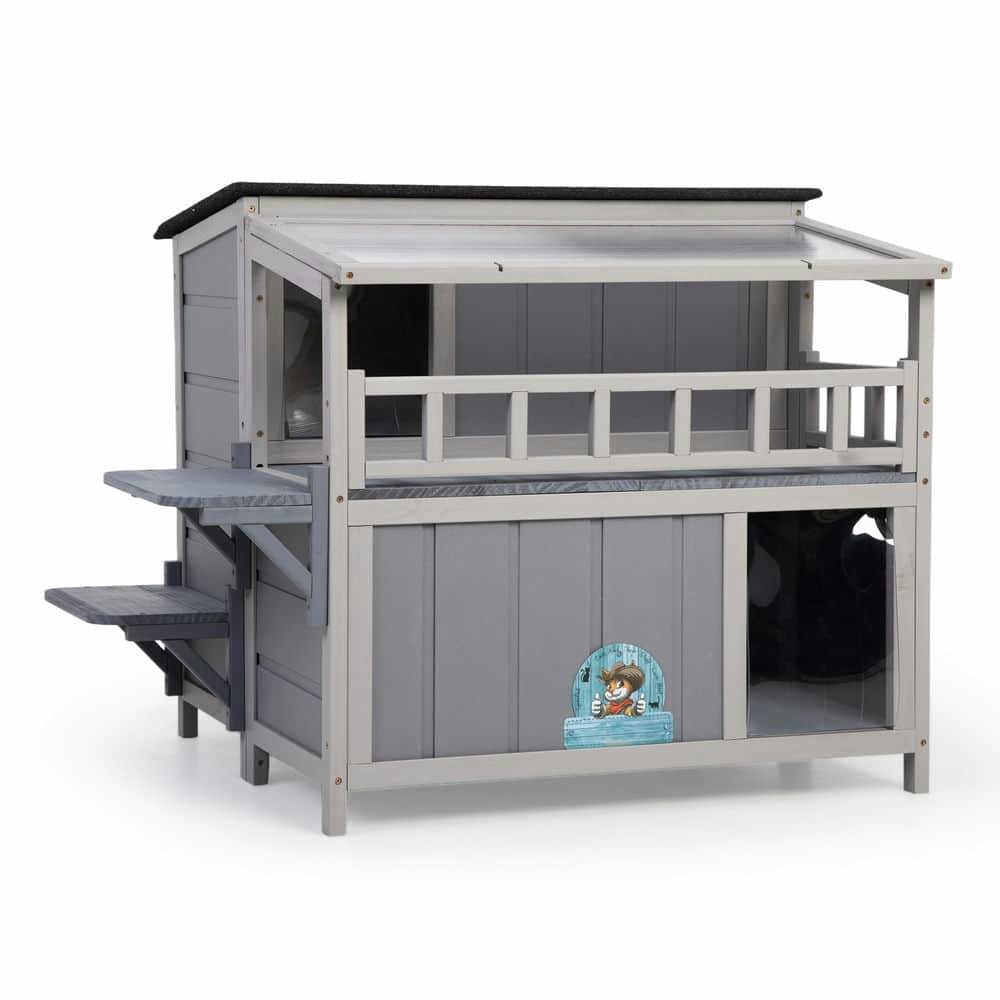 Yardi Yarda 2-Tier Wooden Cat House & Enclosure with Jumping Platforms and Play Run, Waterproof Outdoor Cat Cage with Fringe Curtains and Roof, Gray