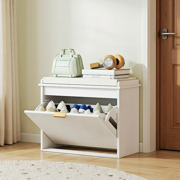 Yardi Yarda 24.4x10.2x18.7 Inches Shoe Storage Bench with Padded Seat Cushion and Flip-Drawer, Entryway Bench, Shoe Cabinet for Indoor, White