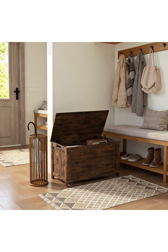 29.9" Storage Trunk w/ 2 Safety Hinges and Storage Chest, Wooden Storage Bench with Side Handles for Indoor, Rustic Brown