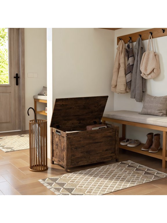 29.9" Storage Trunk w/ 2 Safety Hinges and Storage Chest, Wooden Storage Bench with Side Handles for Indoor, Rustic Brown