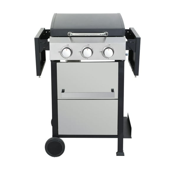 Yardi Yarda 3-Burner Propane Gas BBQ Grill, SS Plancha, 36900BTU Output With Wire Enamel Cooking Grids For Outdoor Barbecue, Foldable Side Table, Hanging Basket, Black