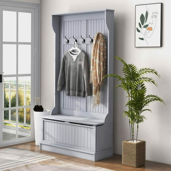 Yardi Yarda 3-In-1 Entryway Bench with Coat Rack and 5 Hooks, Hall Tree with Bench and Shoe Storage for Indoor, Gray