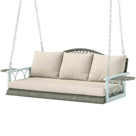 Yardi Yarda 3-Person Wicker Swing Bench with Comfortable Cushions, Outdoor Patio Porch Swing with Cup Holders and Rustic Chains, Natural