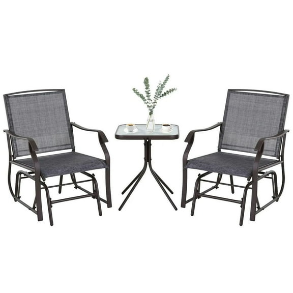 Yardi Yarda 3 Piece Outdoor Glider Chair with Coffee Table Bistro Set, 2 Patio Rocking Swing Chairs with Breathable Sling Fabric, Glass Tabletop, Gray