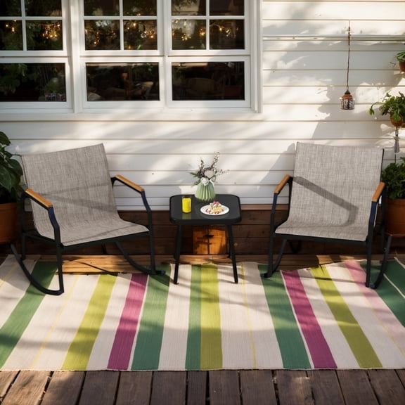 Yardi Yarda 3 Piece Patio Rocking Bistro Set, Patio Furniture Set with Tempered Glass Coffee Table and Armrests for Outdoor as Yard, Brown
