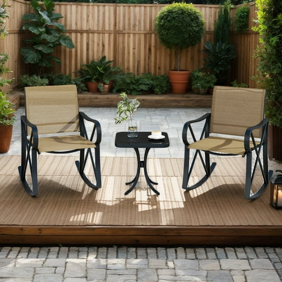 Yardi Yarda 3 Piece Patio Rocking Set, Patio Conversation Set with Smooth Rocking Motion, Rocker Chair Bistro Set for Outdoor as Yard, Brown