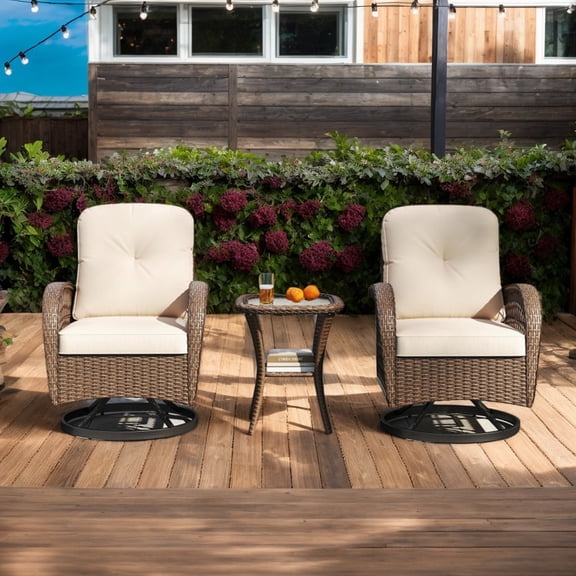 Yardi Yarda 3 Piece Patio Swivel Rocker Set, Patio Rocking Chair with Tempered Glass Side Table and Thick Cushions for Outdoor as Yard, Brown