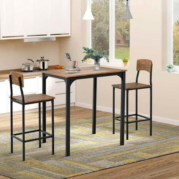 Yardi Yarda 3 Piece Pub Table and Chairs Set, Small Kitchen Table and Chairs, Square Dining Table with 2 Stools, Table Chair Set for Indoor, Brown