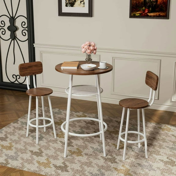Yardi Yarda 3 Pieces Round Bar Table Set with Backrest and Partition, Small Dining Table for 2 People, Breakfast Table and 2 Stools for Indoor, Brown