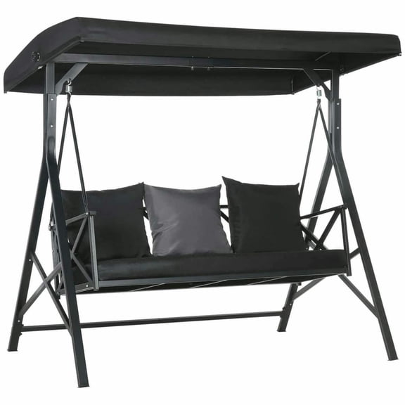 Yardi Yarda 3-Seat Patio Swing Chair, Comfortable Porch Swing Glider with Cushions & Pillows, Adjustable Canopy for Outdoor as Garden, Poolside, Backyard, Black