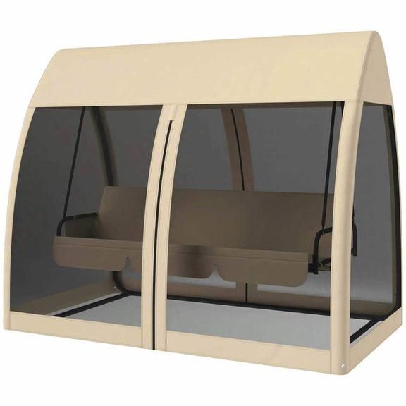 Yardi Yarda 3-Seat Swing Chair Day Bed with Canopy, Mesh Netting, Steel Frame, Outdoor Patio Garden Furniture, Coffee