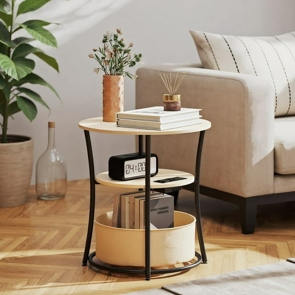 Yardi Yarda 3-Tier End Table, Round Table with Charging Station, Side Table with Fabric Storage Bag and Shelf for Indoor, Natural