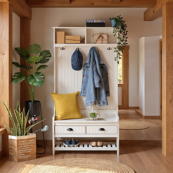 Yardi Yarda 3-in-1 Hall Tree, Entryway Bench with Coat Rack and Shoe Rack, Mudroom Bench with Padded Seat Cushions, 4 Hooks and 2 Storage Drawers for Indoor, White