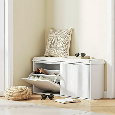 Yardi Yarda 31.5x10.2x18.7 Inches Shoe Storage Bench with Padded Seat Cushion and Flip-Drawer, Entryway Bench, Shoe Cabinet for Indoor, White