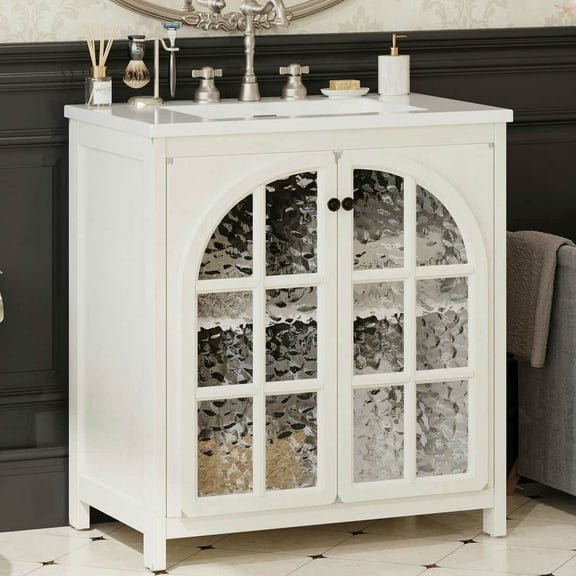 Yardi Yarda 31" Farmhouse Bathroom Vanity with Ceramic Sink, Vintage Rustic Bathroom Cabinet with 2 Soft-Closing Doors, White