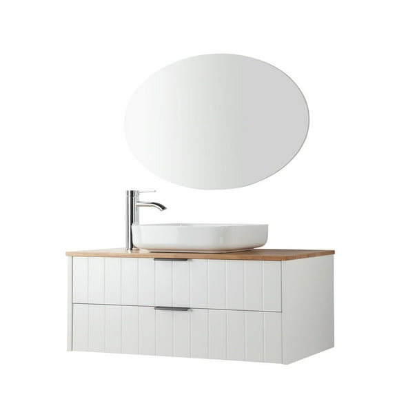 Yardi Yarda 32-Inch Double Drawer Wall-Mounted Bathroom Vanity, Modern Cabinet + Solid Wood Natural Top,Square Art Ceramic Sink + White Round Mirror, White