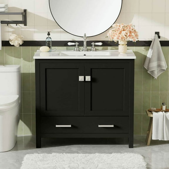 Yardi Yarda 36" Black Bathroom Vanity with Ceramic Sink and Soft-Close Doors, Cabinet with Double Storage Shelves & Divided Drawer, Modern Bathroom Cabinet, Black