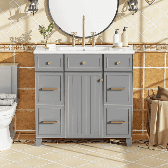 Yardi Yarda 36" Green Bathroom Vanity with Ceramic Sink and Adjustable Shelf, Vanity with 2 Double-Layer & 2 Standard Drawers, Gray