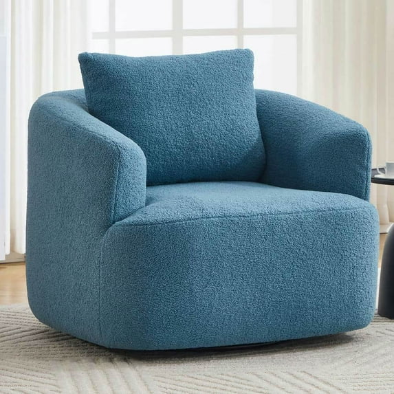 Yardi Yarda 360° Swivel Round Upholstered Comfy Chair, Single Sofa with One Soft Pillow, Teddy Fleece High-Resilience Sponge Sofa for Indoor, Blue