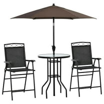 Yardi Yarda 4 Pieces Outdoor Patio Dining Furniture Set, 2 Folding Chairs with Adjustable Angle Umbrella, Wave Textured Tempered Glass Dinner Table, Black