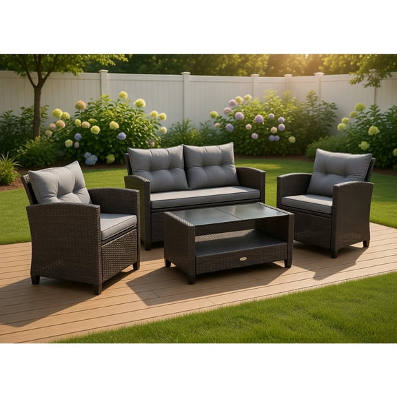 Yardi Yard 4 Pieces Patio Rattan Conversation Furniture Set with Glass Top Coffee Table, Patio Furniture Set for Outdoor as Yard, Gray