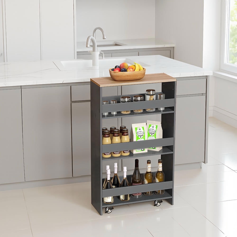 Yardi Yarda 4-Tier Rolling Storage Cart, Slim Kitchen Cart on Wheels with Open Shelves and Handle, Kitchen Islands, Storage Cart for Indoor, Gray