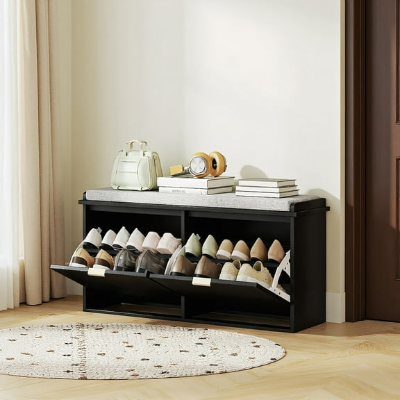 Yardi Yarda 40.9x10.2x18.7 Inches Shoe Storage Bench with Padded Seat Cushion and Flip-Drawer, Entryway Bench, Shoe Cabinet for Indoor, Black