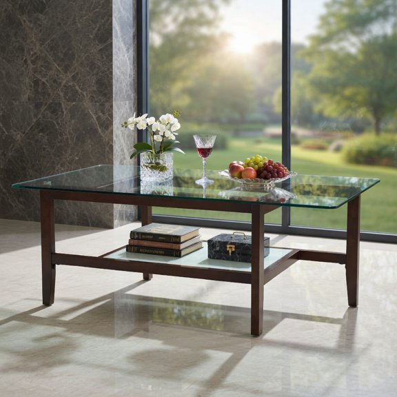 Yardi Yard 42 Inch Rectangular 2-Tier Glass Coffee Table with Storage Shelf-Brown