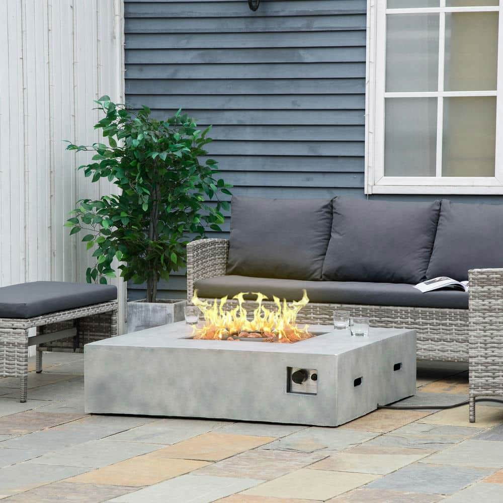 Yardi Yarda 42-inch Square Fire Table, Propane Fire Pit Table with Faux Grey Ledge Stone, 50,000BTU Auto Ignition Gas Firepits with Protective Cover snd Lava Rocks for Outdoor, Grey