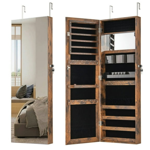 Yardi Yarda 43.5 Inch Jewelry Mirror Cabinet with Full-length Mirror and Adjustable Hangers, Mirror Cabinet for Indoor, Rustic Brown