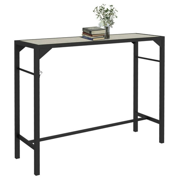 Yardi Yarda 47.25" x 15" x 39" Outdoor Bar Table with Plastic Top and Wood Grain, Bar Height Table with Built-In Bottle Opener, Light Brown