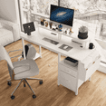 thumbnail image 1 of Yardi Yarda 47.3" Office Desk with 2 Monitor Stands and 2 Drawers, Computer Table with Side Pocket and Power Outlet, Frame stability Reversible for Indoor as Living Room, Bedroom, White, 1 of 13