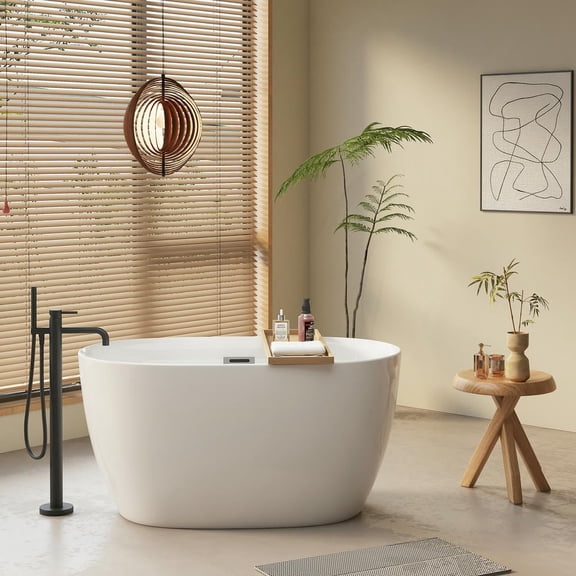 Yardi Yarda 47'' Acrylic Freestanding Bathtub-Acrylic Soaking Tubs, Oval Shape Freestanding Bathtub with Chrome Overflow and Pop-Up Drain for Indoor as Bathroom, White