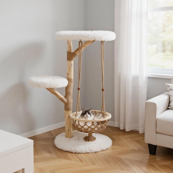 Yardi Yarda 48.5" Solid Wood Cat Tree w/Hanging Cradle & Jute Post, Corner Cat Tree, Cat Climbing Tower, Cat Towers for Indoor Cats-White