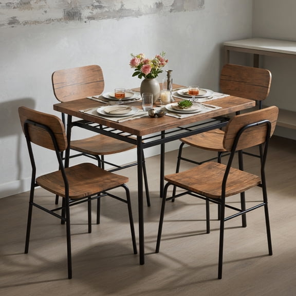 Yardi Yard 5-Piece Table Set for 4 with Metal Frame and Storage Rack-Brown